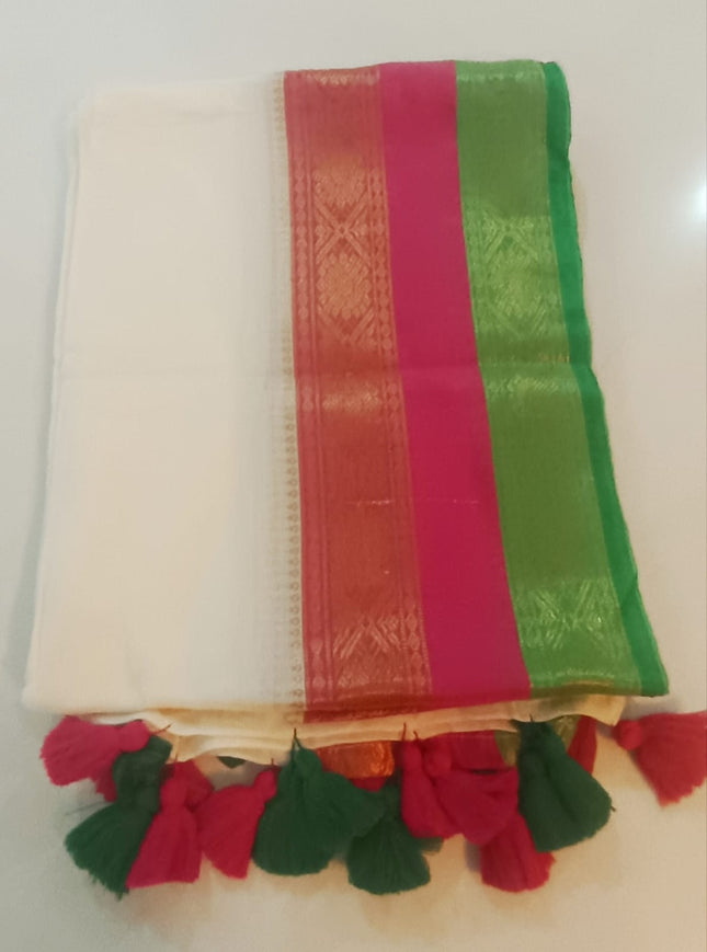 120 Count Premium Mul Cotton Off white Kanchi border Saree with Tassels-WB-PMC-OWKBT-002