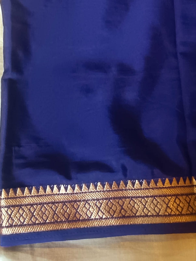 Royal Blue Mysore Semi Silk Saree with Antique Gold Temple Zari Border-MS-RB-AGTZB-002