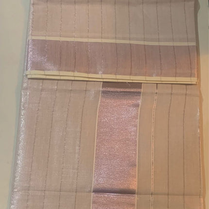Rose Silver Tissue Kerala Saree with Vertical stripes-BP-PL-RSTKS-004