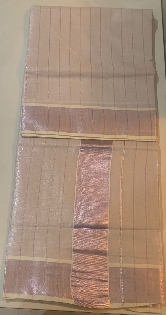 Rose Silver Tissue Kerala Saree with Vertical stripes-BP-PL-RSTKS-004