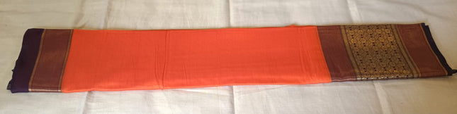 Vermilion Orange Mysore Semi Silk Saree with Antique gold Zari Pallu and Aubergine Border-M-SS-VO-AGZP-AB-001