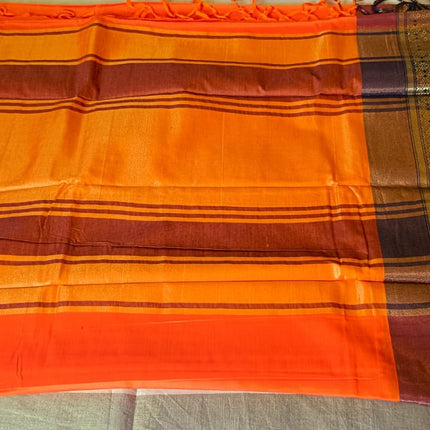 Vermilion Orange Mysore Semi Silk Saree with Antique gold Zari Pallu and Aubergine Border-M-SS-VO-AGZP-AB-001
