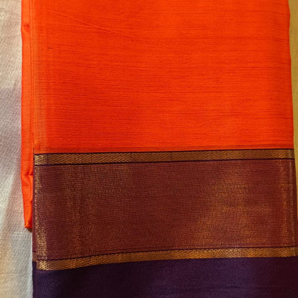 Vermilion Orange Mysore Semi Silk Saree with Antique gold Zari Pallu and Aubergine Border-M-SS-VO-AGZP-AB-001