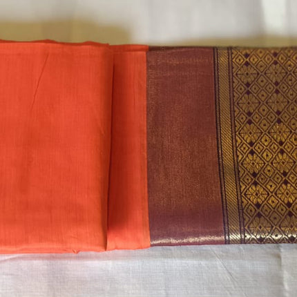 Vermilion Orange Mysore Semi Silk Saree with Antique gold Zari Pallu and Aubergine Border-M-SS-VO-AGZP-AB-001