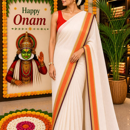 Pure Premium Mul Cotton Saree with Gold, Orange and Coffee Brown Stripes border and Tassels-WB-PMC-GOCBT-005