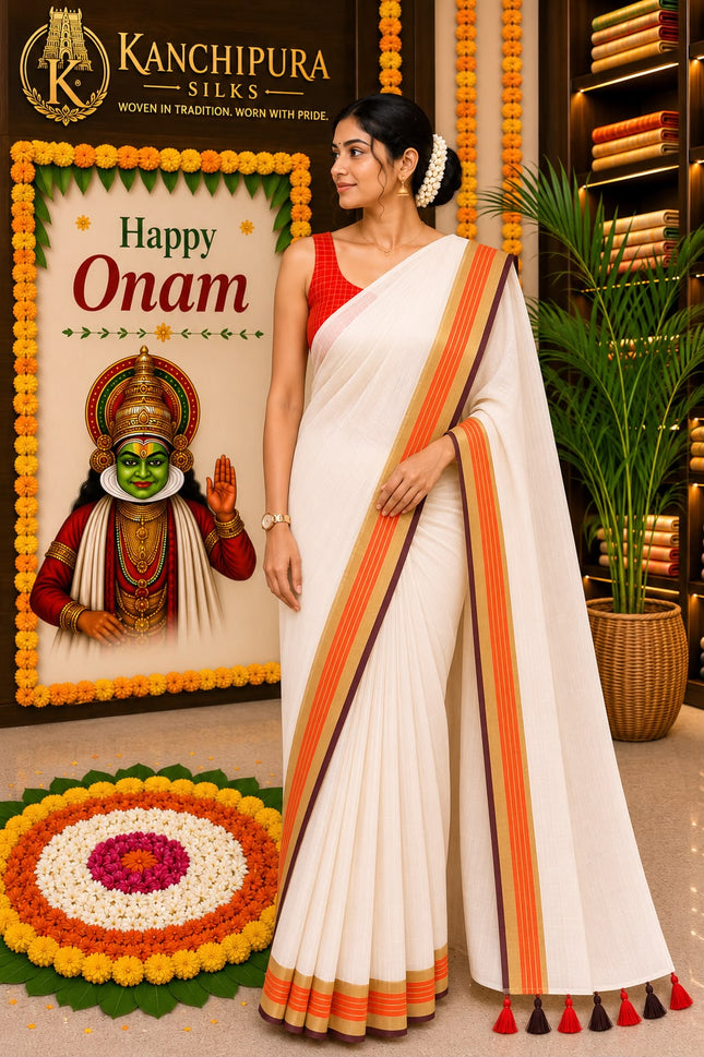 Pure Premium Mul Cotton Saree with Gold, Orange and Coffee Brown Stripes border and Tassels-WB-PMC-GOCBT-005