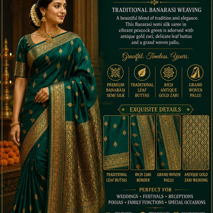 Peacock Green Banarasi Silk Saree with Antique Gold Zari Pallu& Traditional Leaf Buttas-B-SS-PGBS-AGZP-TLB-004