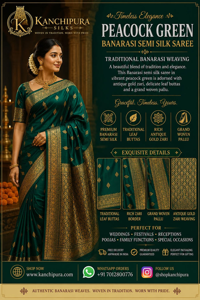 Peacock Green Banarasi Silk Saree with Antique Gold Zari Pallu& Traditional Leaf Buttas-B-SS-PGBS-AGZP-TLB-004