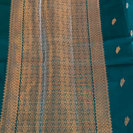 Peacock Green Banarasi Silk Saree with Antique Gold Zari Pallu& Traditional Leaf Buttas-B-SS-PGBS-AGZP-TLB-004