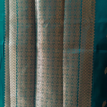 Peacock Green Banarasi Silk Saree with Antique Gold Zari Pallu& Traditional Leaf Buttas-B-SS-PGBS-AGZP-TLB-004