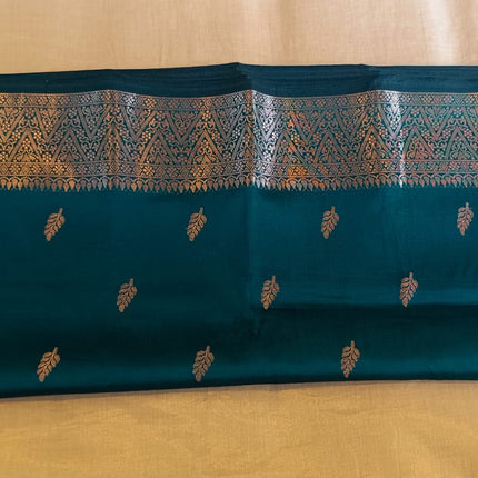 Peacock Green Banarasi Silk Saree with Antique Gold Zari Pallu& Traditional Leaf Buttas-B-SS-PGBS-AGZP-TLB-004